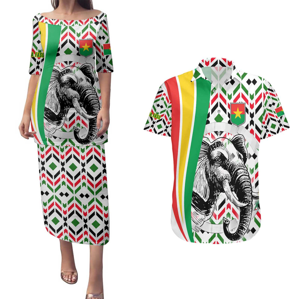 Burkina Faso Couples Matching Puletasi and Hawaiian Shirt with Red Green Black Geometric Design - Wonder Print Shop