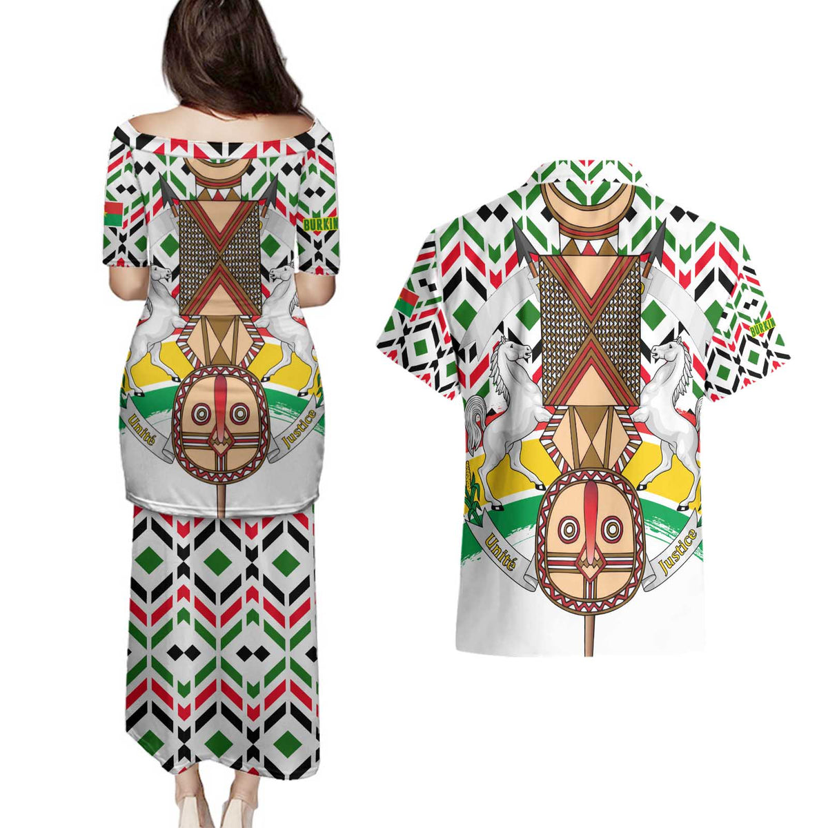 Burkina Faso Couples Matching Puletasi and Hawaiian Shirt with Red Green Black Geometric Design - Wonder Print Shop