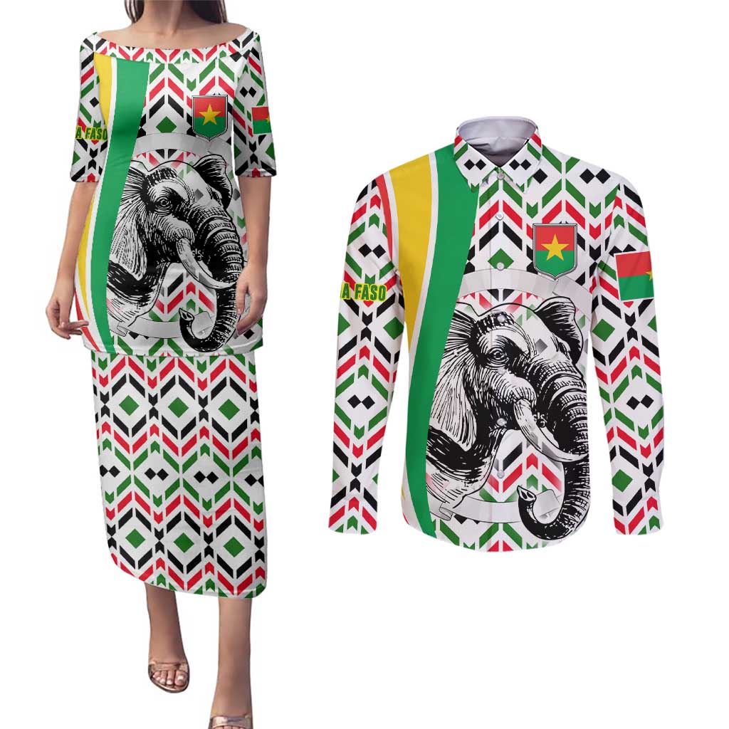 Burkina Faso Couples Matching Puletasi and Long Sleeve Button Shirt with Red Green Black Geometric Design - Wonder Print Shop
