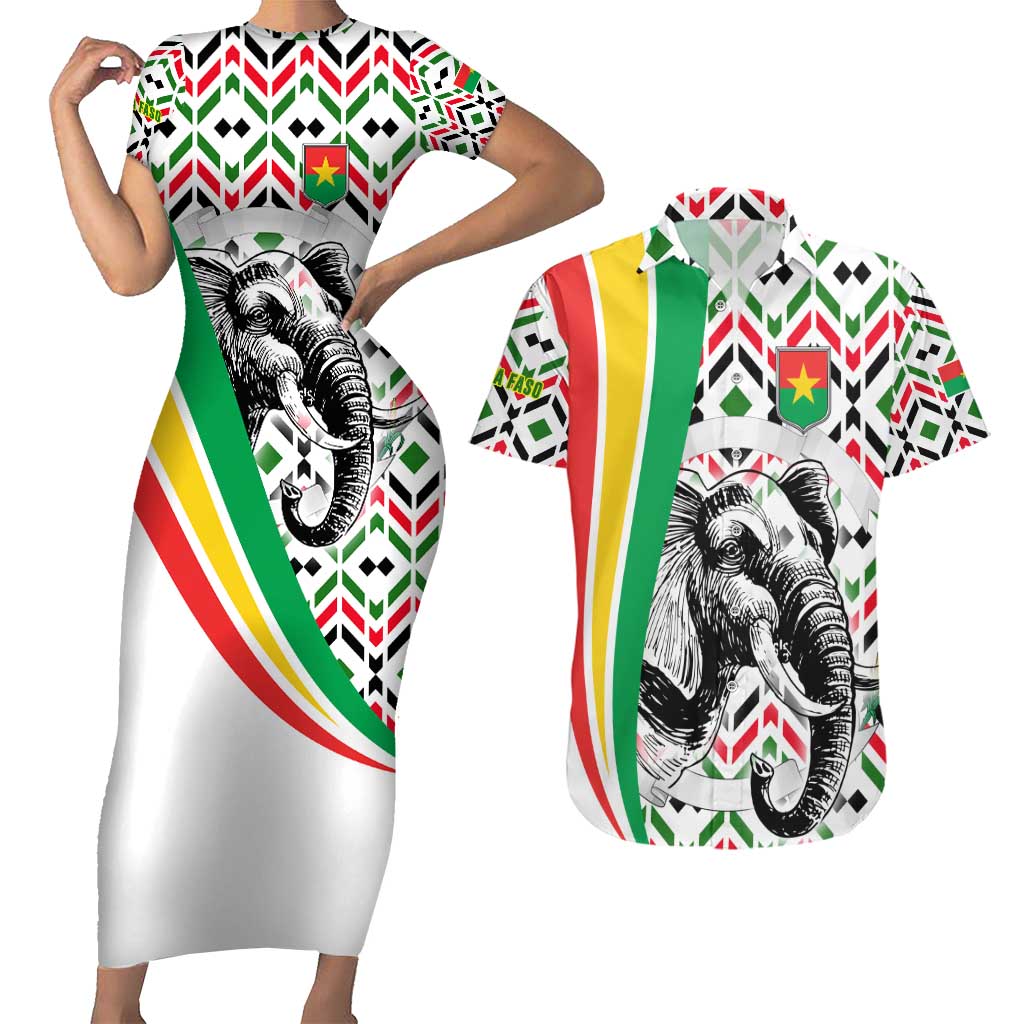 Burkina Faso Couples Matching Short Sleeve Bodycon Dress and Hawaiian Shirt with Red Green Black Geometric Design - Wonder Print Shop