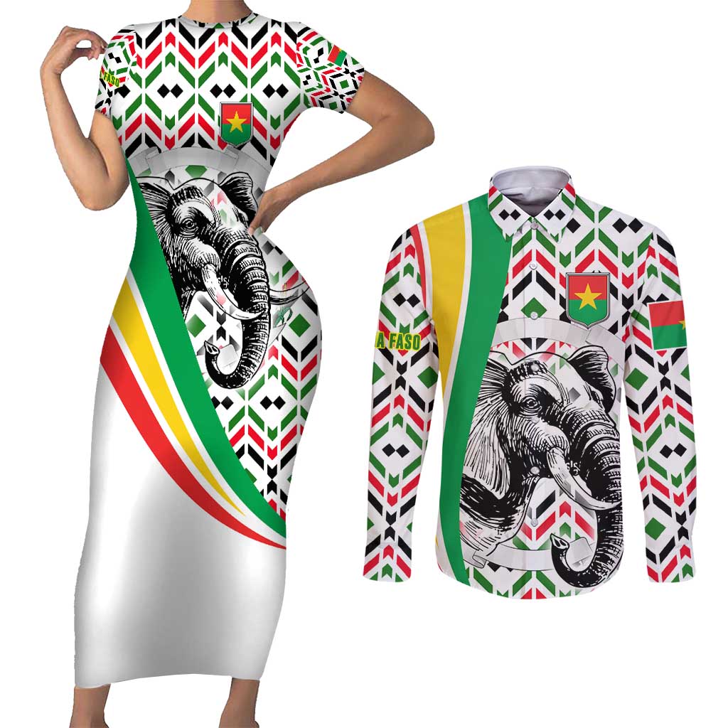 Burkina Faso Couples Matching Short Sleeve Bodycon Dress and Long Sleeve Button Shirt with Red Green Black Geometric Design - Wonder Print Shop
