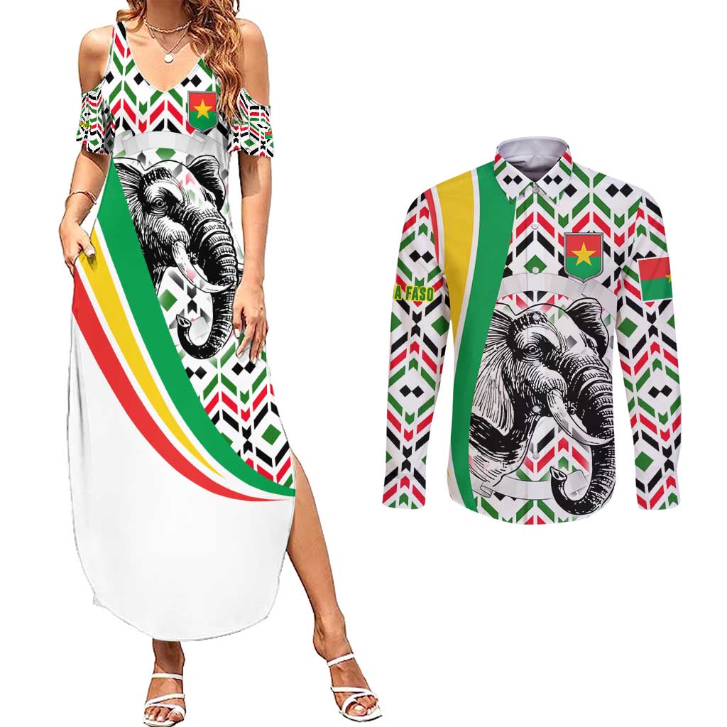 Burkina Faso Couples Matching Summer Maxi Dress and Long Sleeve Button Shirt with Red Green Black Geometric Design - Wonder Print Shop