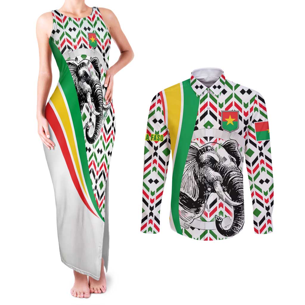 Burkina Faso Couples Matching Tank Maxi Dress and Long Sleeve Button Shirt with Red Green Black Geometric Design - Wonder Print Shop