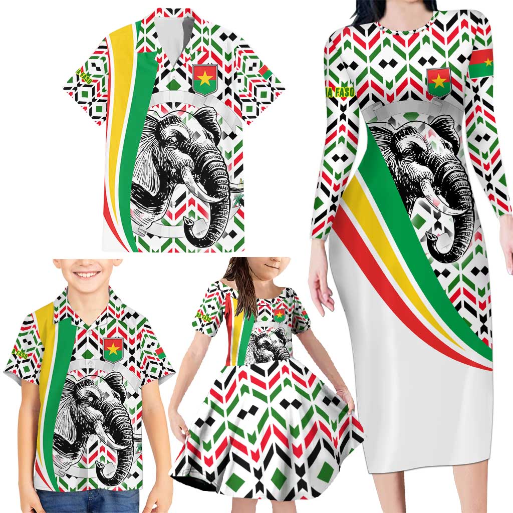 Burkina Faso Family Matching Long Sleeve Bodycon Dress and Hawaiian Shirt with Red Green Black Geometric Design - Wonder Print Shop