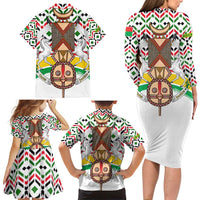 Burkina Faso Family Matching Long Sleeve Bodycon Dress and Hawaiian Shirt with Red Green Black Geometric Design - Wonder Print Shop