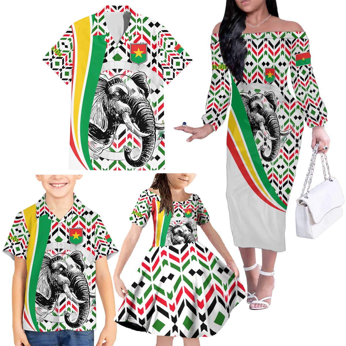 Burkina Faso Family Matching Off The Shoulder Long Sleeve Dress and Hawaiian Shirt with Red Green Black Geometric Design - Wonder Print Shop