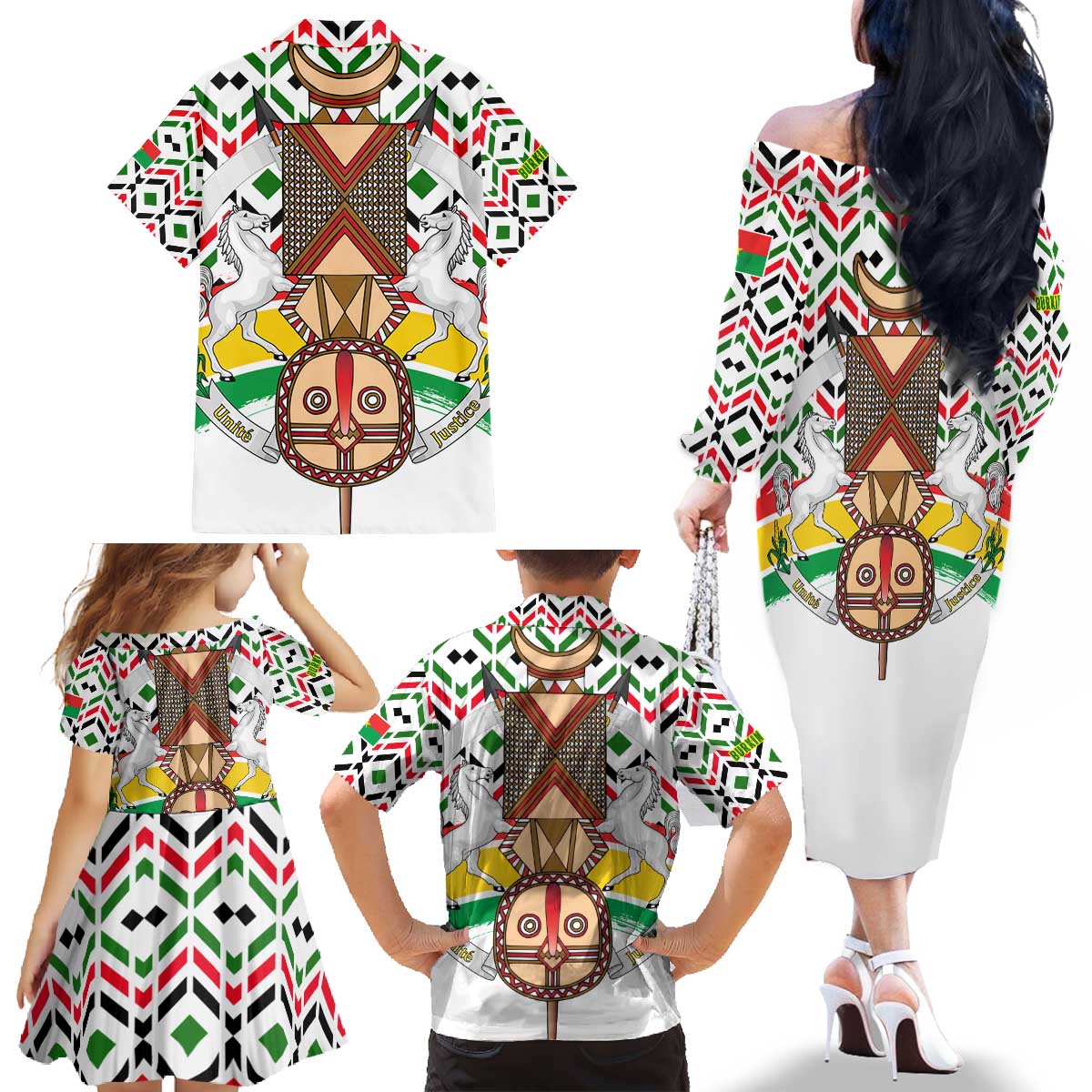 Burkina Faso Family Matching Off The Shoulder Long Sleeve Dress and Hawaiian Shirt with Red Green Black Geometric Design - Wonder Print Shop