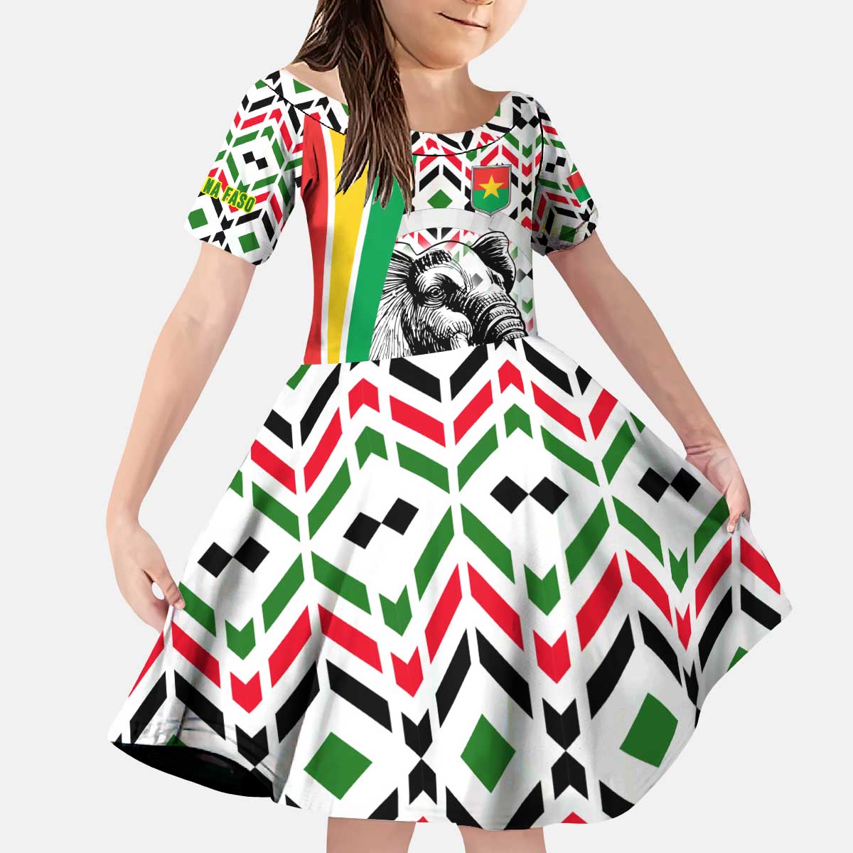 Burkina Faso Kid Short Sleeve Dress with Red Green Black Geometric Design - Wonder Print Shop