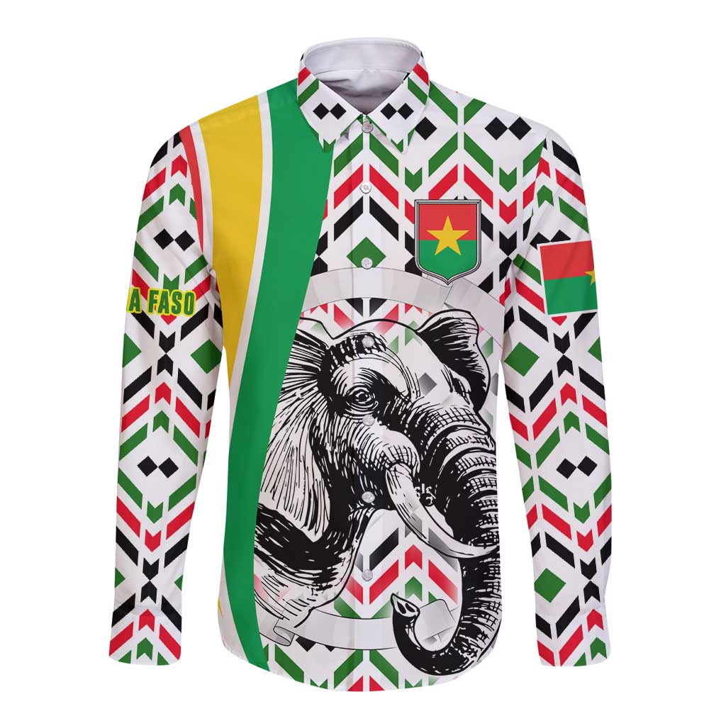 Burkina Faso Long Sleeve Button Shirt with Red Green Black Geometric Design - Wonder Print Shop