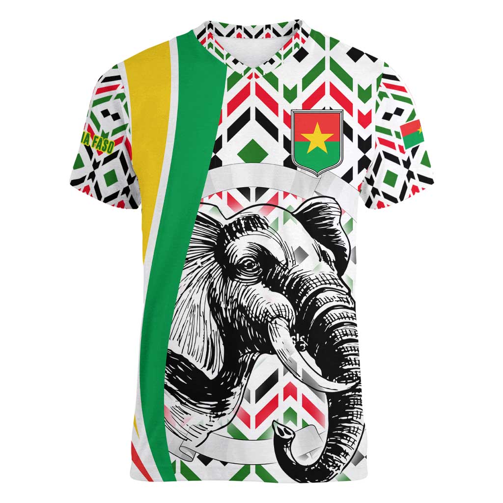 Burkina Faso Women V-Neck T-Shirt with Red Green Black Geometric Design - Wonder Print Shop