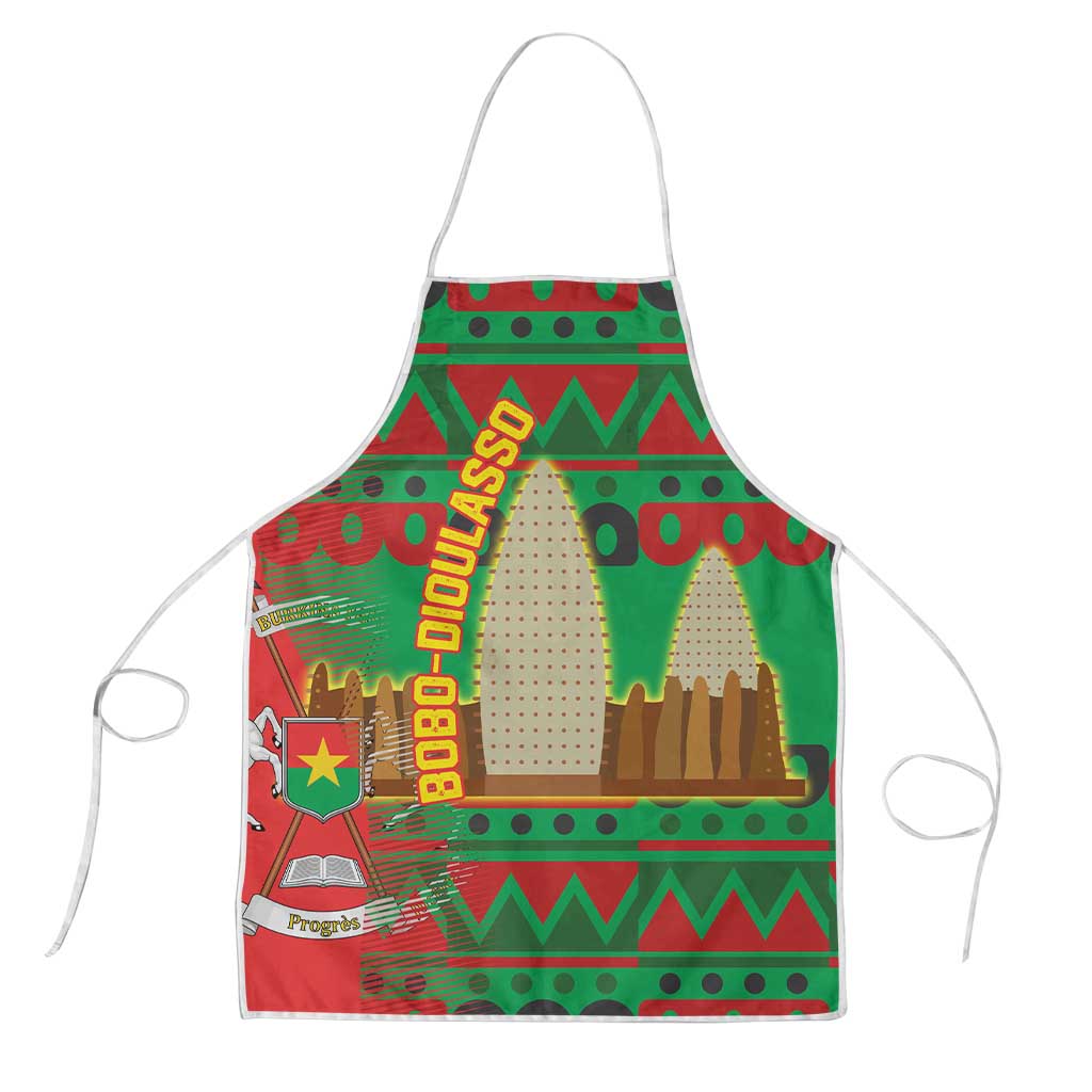 Burkina Faso Apron with Red Green Tribal Design and Bobo Dioulasso Landmark - Wonder Print Shop