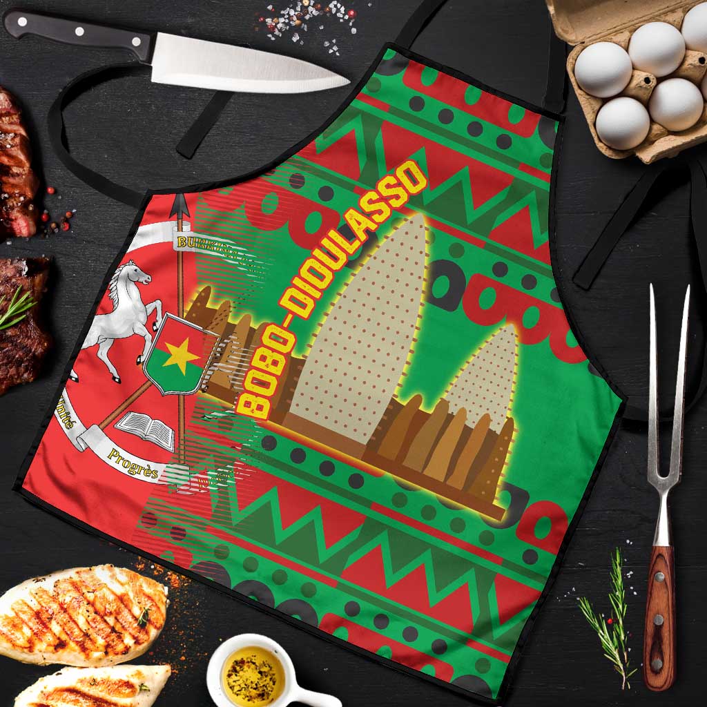 Burkina Faso Apron with Red Green Tribal Design and Bobo Dioulasso Landmark - Wonder Print Shop