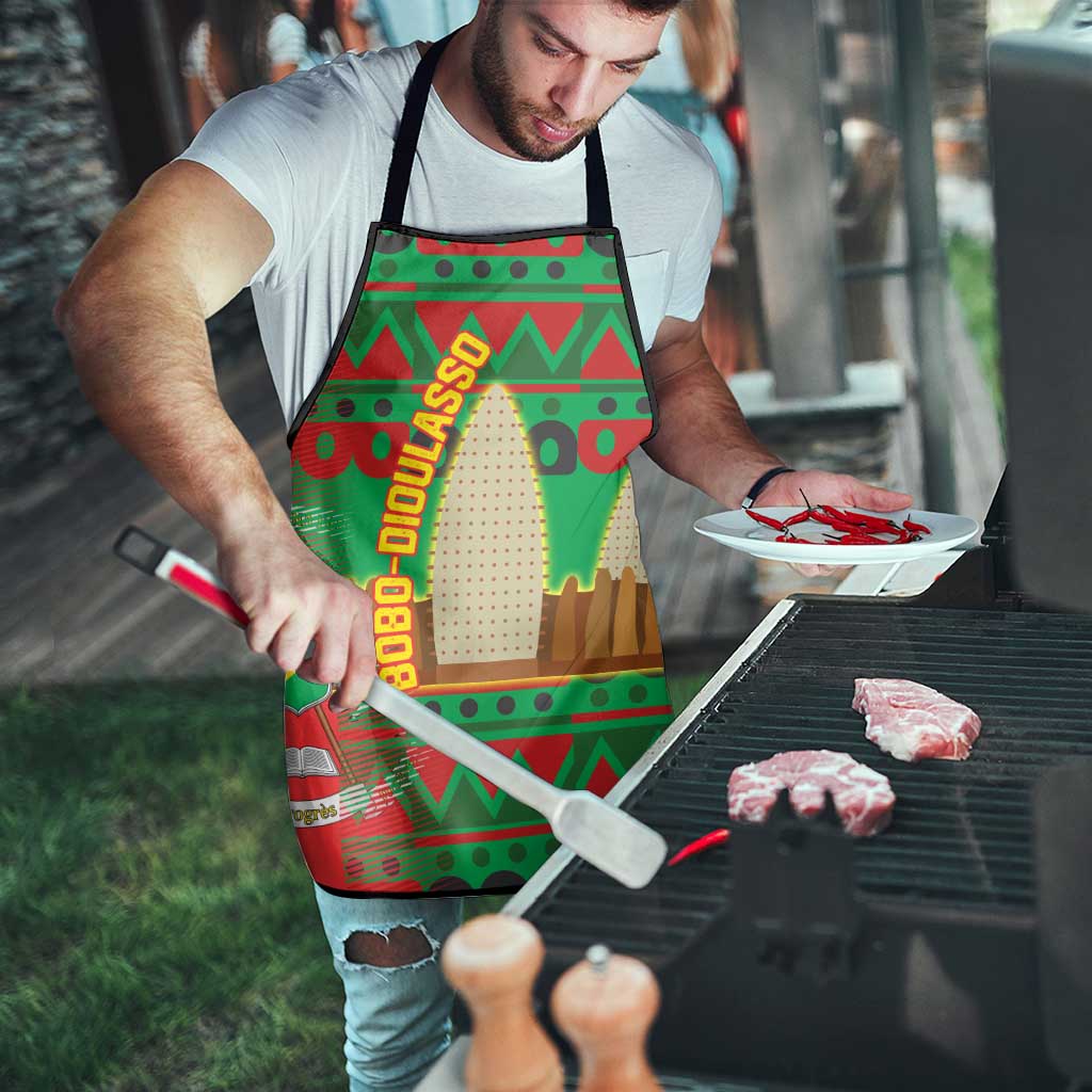 Burkina Faso Apron with Red Green Tribal Design and Bobo Dioulasso Landmark - Wonder Print Shop