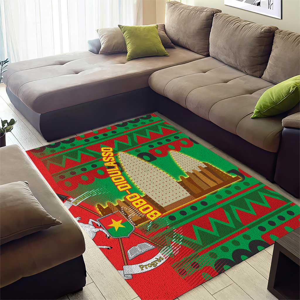 Burkina Faso Area Rug with Red Green Tribal Design and Bobo Dioulasso Landmark - Wonder Print Shop