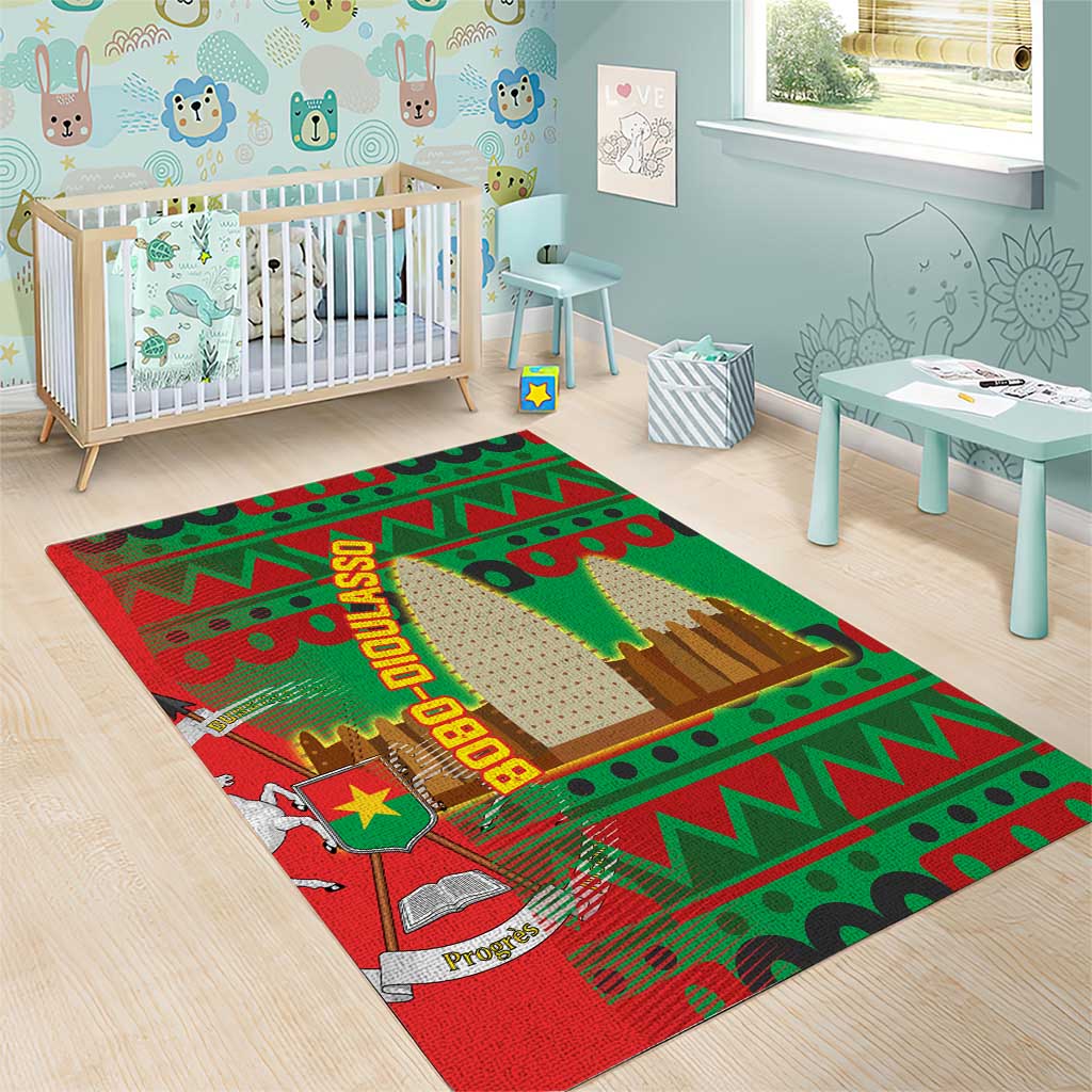 Burkina Faso Area Rug with Red Green Tribal Design and Bobo Dioulasso Landmark - Wonder Print Shop