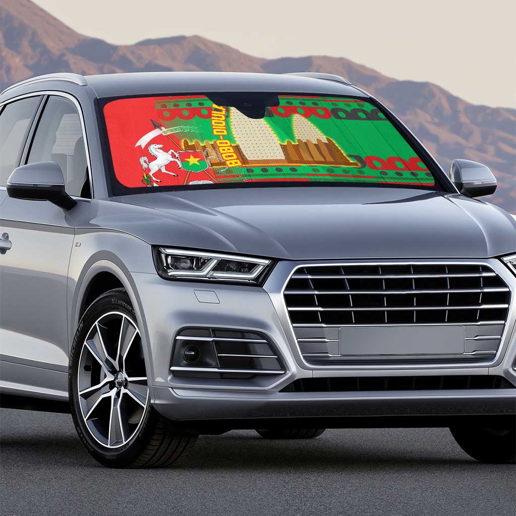 Burkina Faso Auto Sun Shade with Red Green Tribal Design and Bobo Dioulasso Landmark - Wonder Print Shop