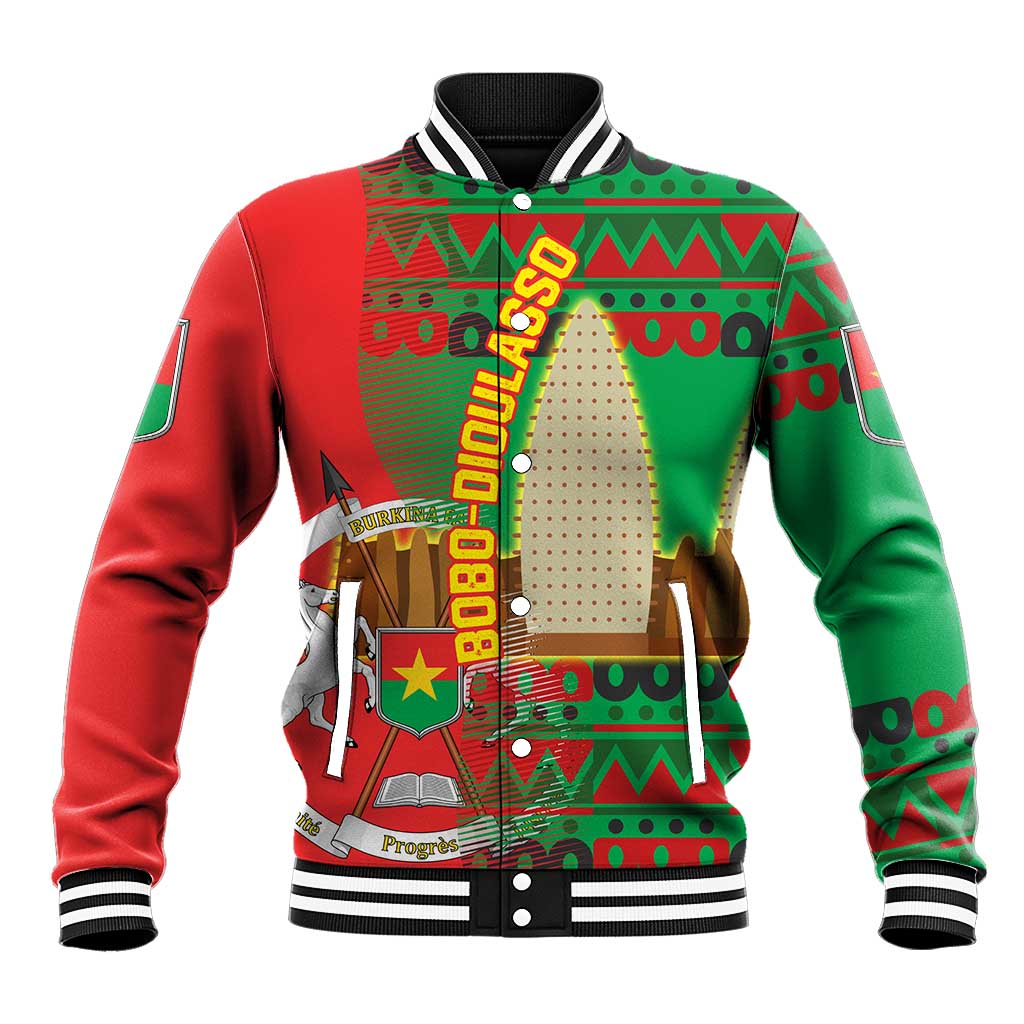 Burkina Faso Baseball Jacket with Red Green Tribal Design and Bobo Dioulasso Landmark - Wonder Print Shop