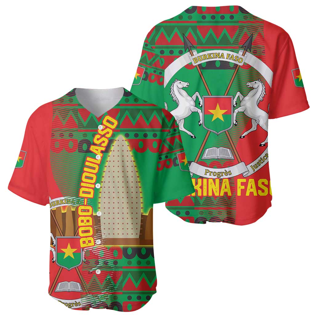 Burkina Faso Baseball Jersey with Red Green Tribal Design and Bobo Dioulasso Landmark - Wonder Print Shop