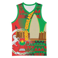 Burkina Faso Basketball Jersey with Red Green Tribal Design and Bobo Dioulasso Landmark - Wonder Print Shop