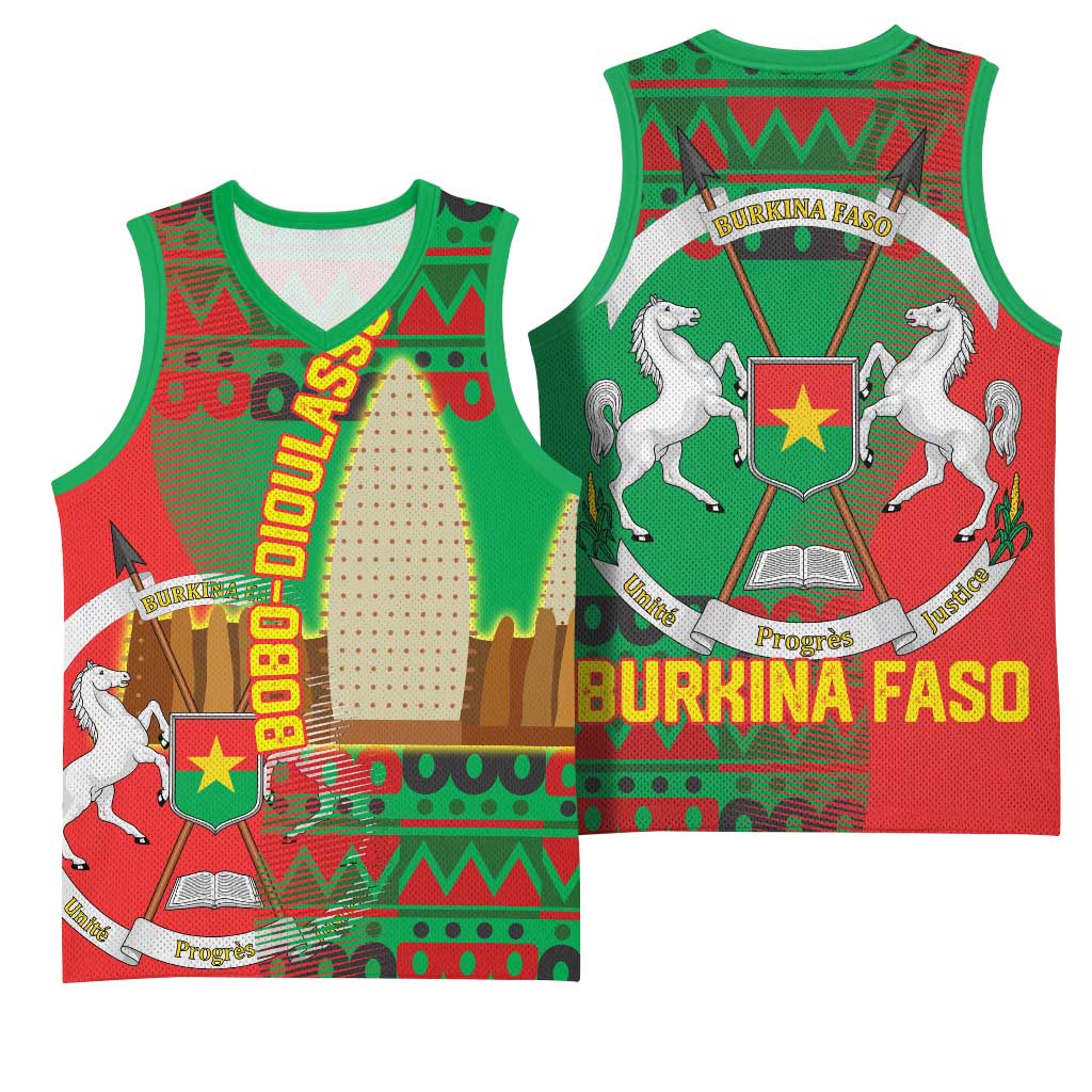 Burkina Faso Basketball Jersey with Red Green Tribal Design and Bobo Dioulasso Landmark - Wonder Print Shop