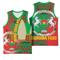 Burkina Faso Basketball Jersey with Red Green Tribal Design and Bobo Dioulasso Landmark - Wonder Print Shop