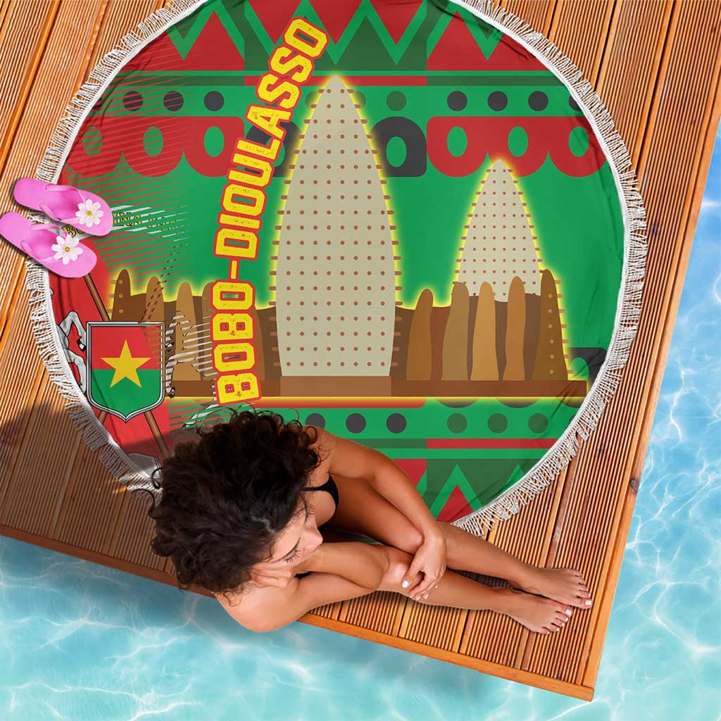 Burkina Faso Beach Blanket with Red Green Tribal Design and Bobo Dioulasso Landmark - Wonder Print Shop
