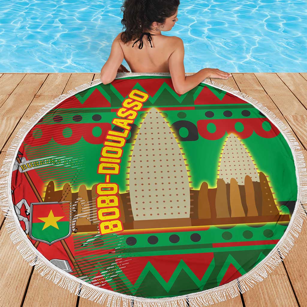 Burkina Faso Beach Blanket with Red Green Tribal Design and Bobo Dioulasso Landmark - Wonder Print Shop
