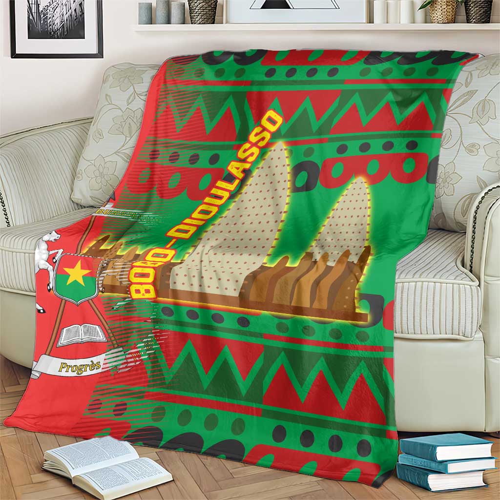 Burkina Faso Blanket with Red Green Tribal Design and Bobo Dioulasso Landmark - Wonder Print Shop