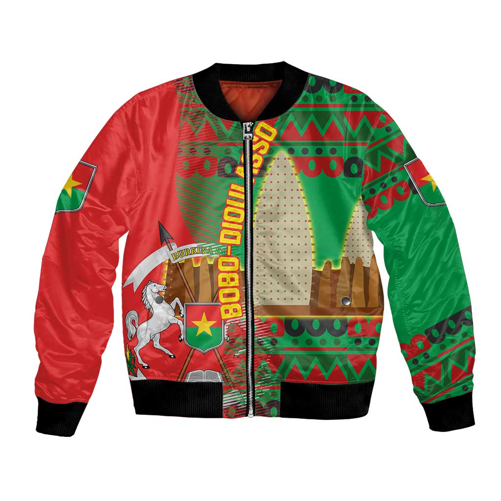 Burkina Faso Bomber Jacket with Red Green Tribal Design and Bobo Dioulasso Landmark - Wonder Print Shop