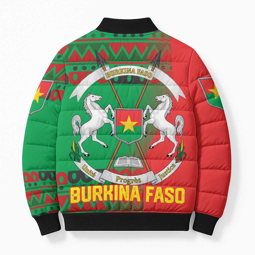Burkina Faso Bomber Puffer Jacket with Red Green Tribal Design and Bobo Dioulasso Landmark - Wonder Print Shop