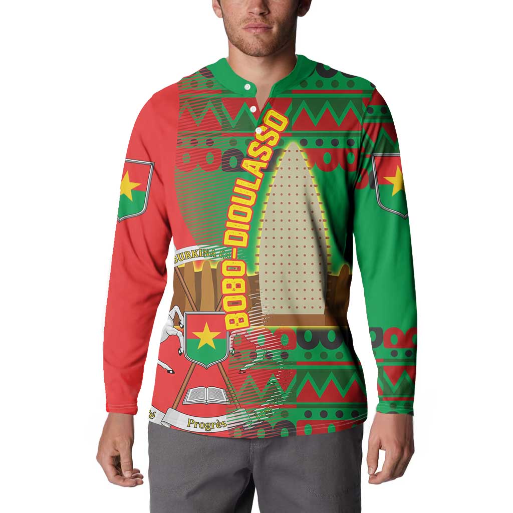 Burkina Faso Button Sweatshirt with Red Green Tribal Design and Bobo Dioulasso Landmark - Wonder Print Shop