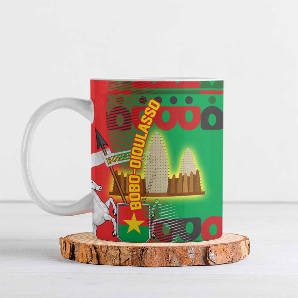 Burkina Faso Ceramic Mug with Red Green Tribal Design and Bobo Dioulasso Landmark - Wonder Print Shop