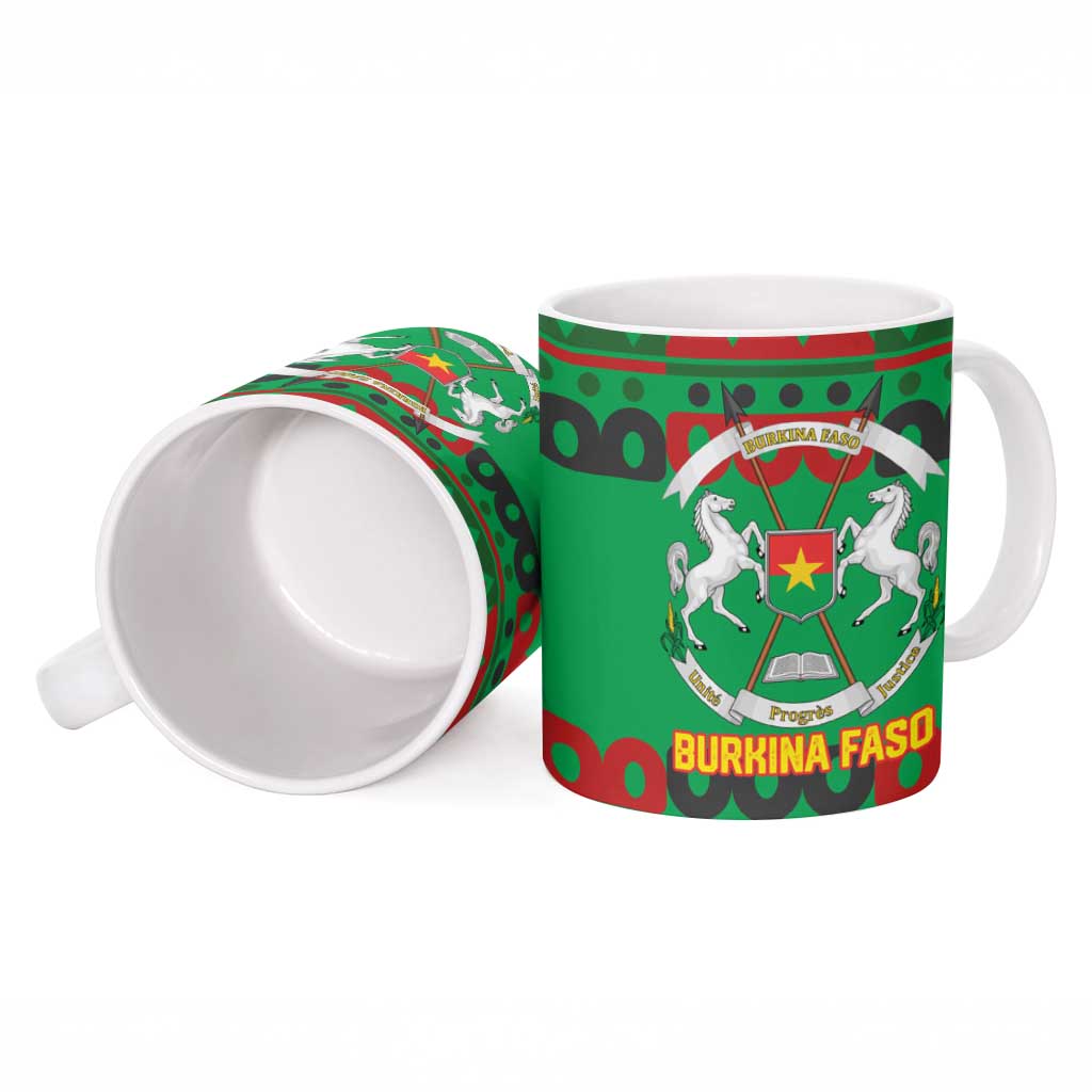 Burkina Faso Ceramic Mug with Red Green Tribal Design and Bobo Dioulasso Landmark - Wonder Print Shop
