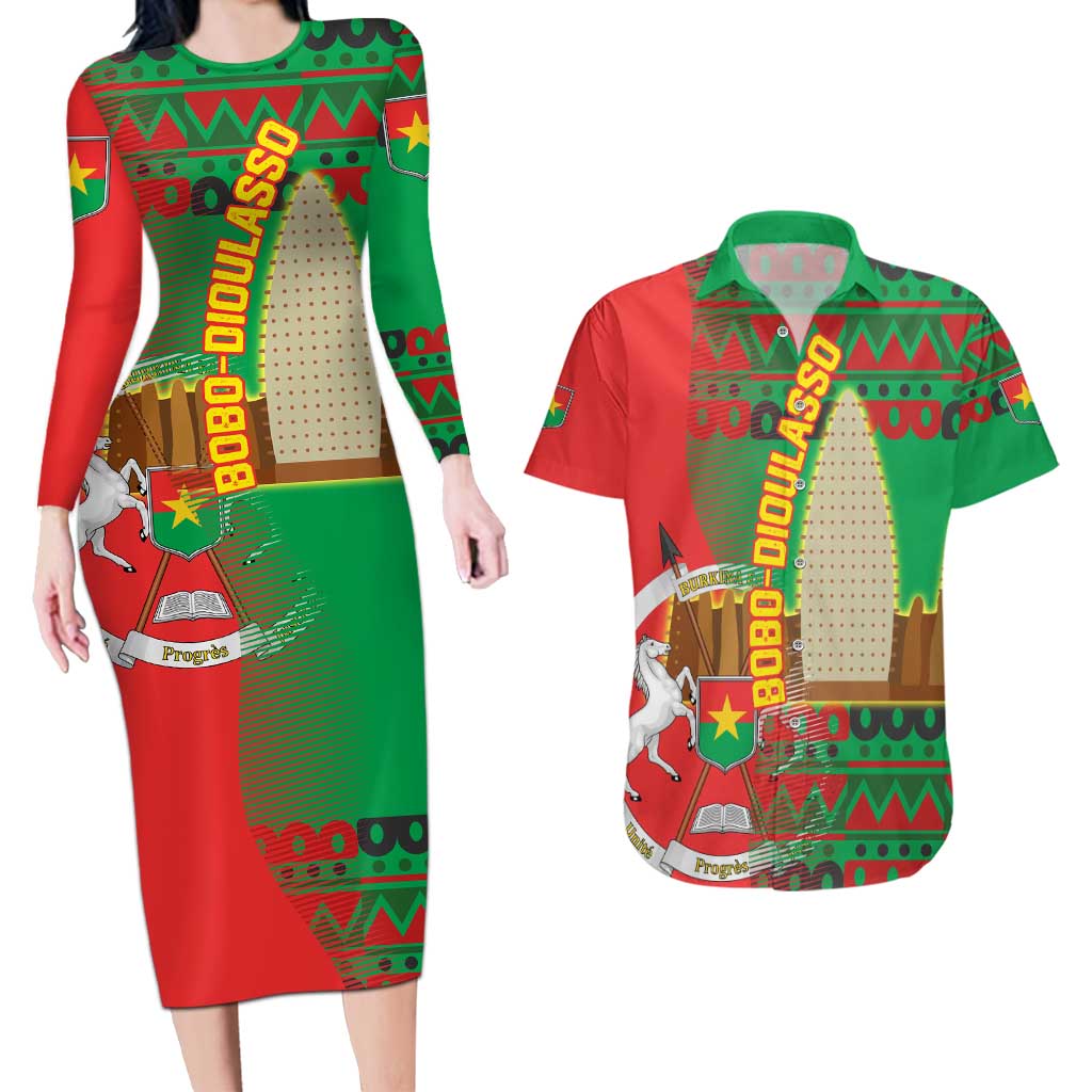 Burkina Faso Couples Matching Long Sleeve Bodycon Dress and Hawaiian Shirt with Red Green Tribal Design and Bobo Dioulasso Landmark - Wonder Print Shop