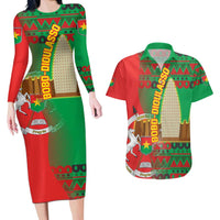 Burkina Faso Couples Matching Long Sleeve Bodycon Dress and Hawaiian Shirt with Red Green Tribal Design and Bobo Dioulasso Landmark - Wonder Print Shop