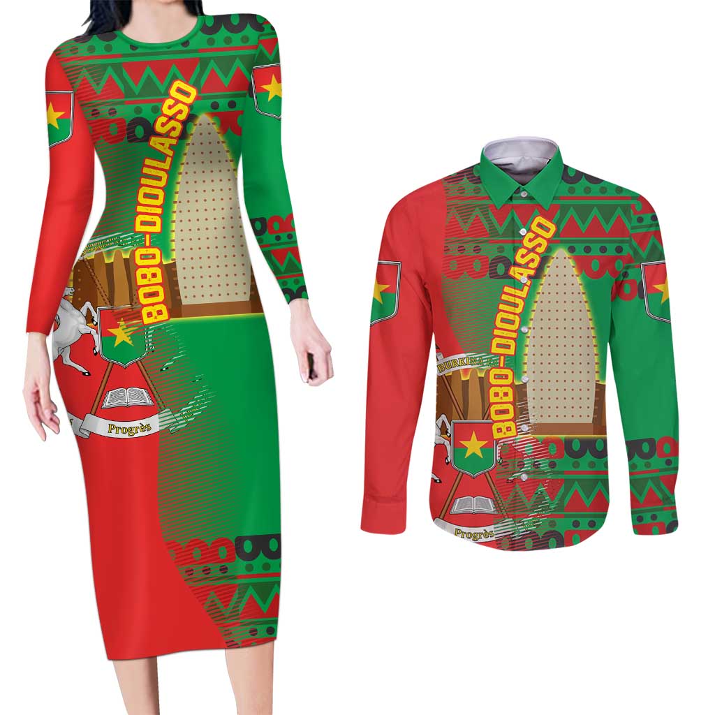 Burkina Faso Couples Matching Long Sleeve Bodycon Dress and Long Sleeve Button Shirt with Red Green Tribal Design and Bobo Dioulasso Landmark - Wonder Print Shop