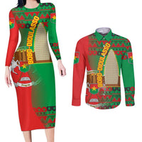 Burkina Faso Couples Matching Long Sleeve Bodycon Dress and Long Sleeve Button Shirt with Red Green Tribal Design and Bobo Dioulasso Landmark - Wonder Print Shop