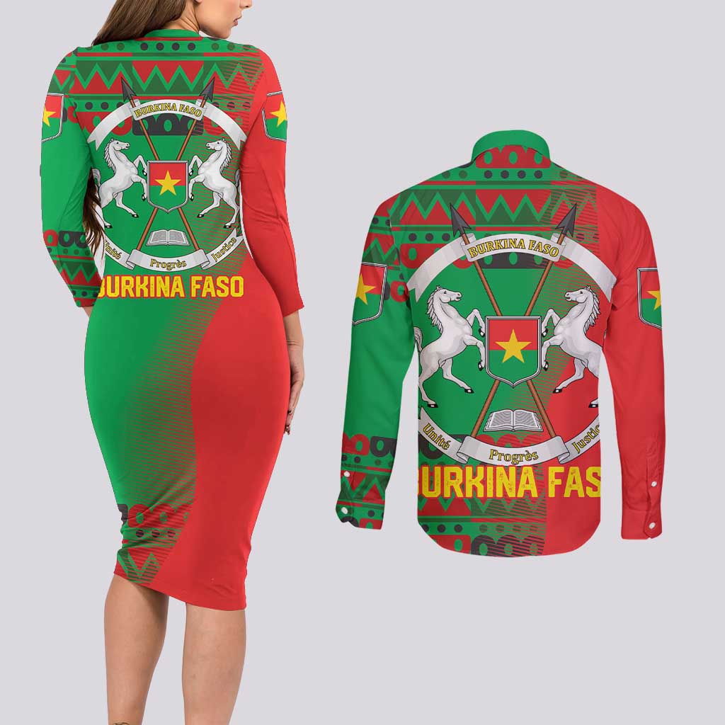 Burkina Faso Couples Matching Long Sleeve Bodycon Dress and Long Sleeve Button Shirt with Red Green Tribal Design and Bobo Dioulasso Landmark - Wonder Print Shop