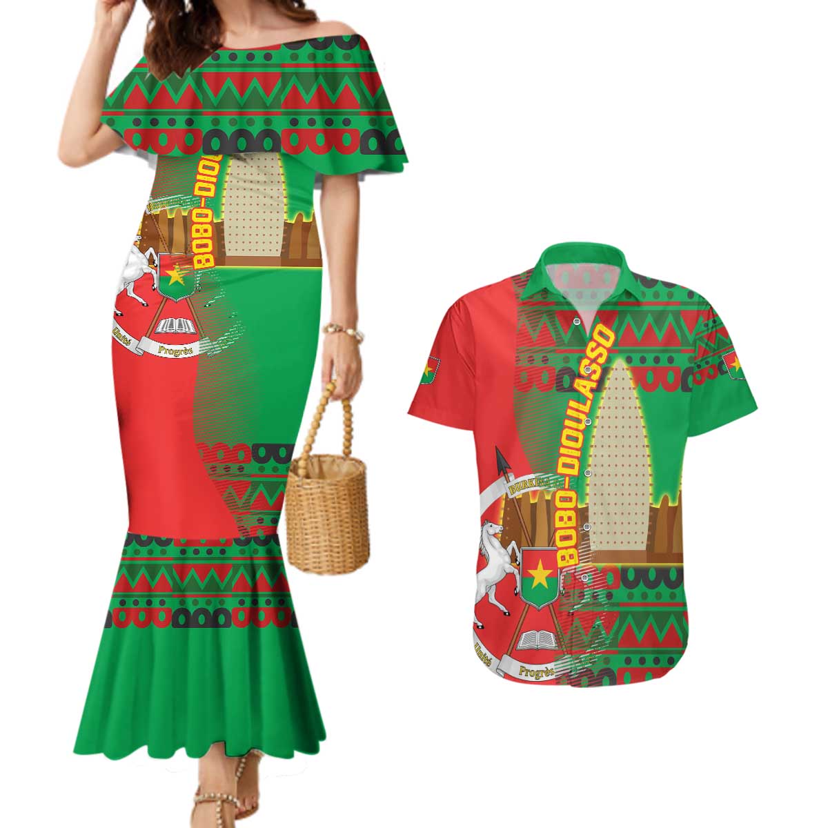 Burkina Faso Couples Matching Mermaid Dress and Hawaiian Shirt with Red Green Tribal Design and Bobo Dioulasso Landmark - Wonder Print Shop