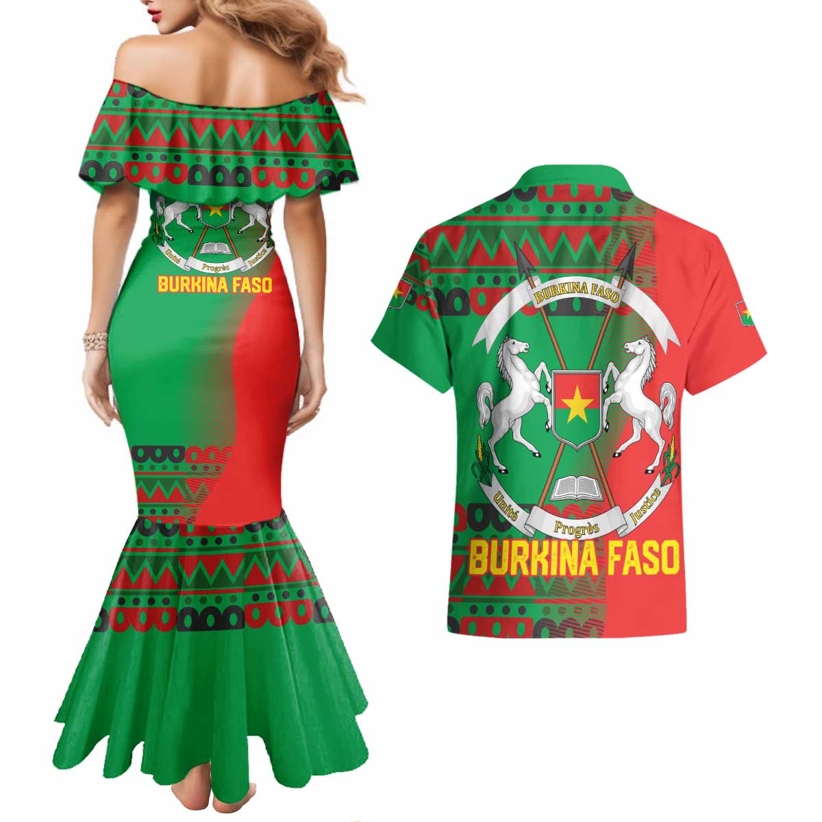 Burkina Faso Couples Matching Mermaid Dress and Hawaiian Shirt with Red Green Tribal Design and Bobo Dioulasso Landmark - Wonder Print Shop