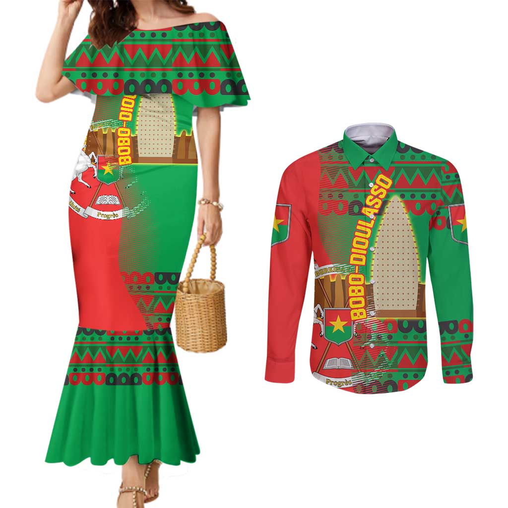 Burkina Faso Couples Matching Mermaid Dress and Long Sleeve Button Shirt with Red Green Tribal Design and Bobo Dioulasso Landmark - Wonder Print Shop