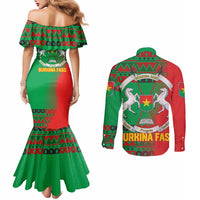 Burkina Faso Couples Matching Mermaid Dress and Long Sleeve Button Shirt with Red Green Tribal Design and Bobo Dioulasso Landmark - Wonder Print Shop