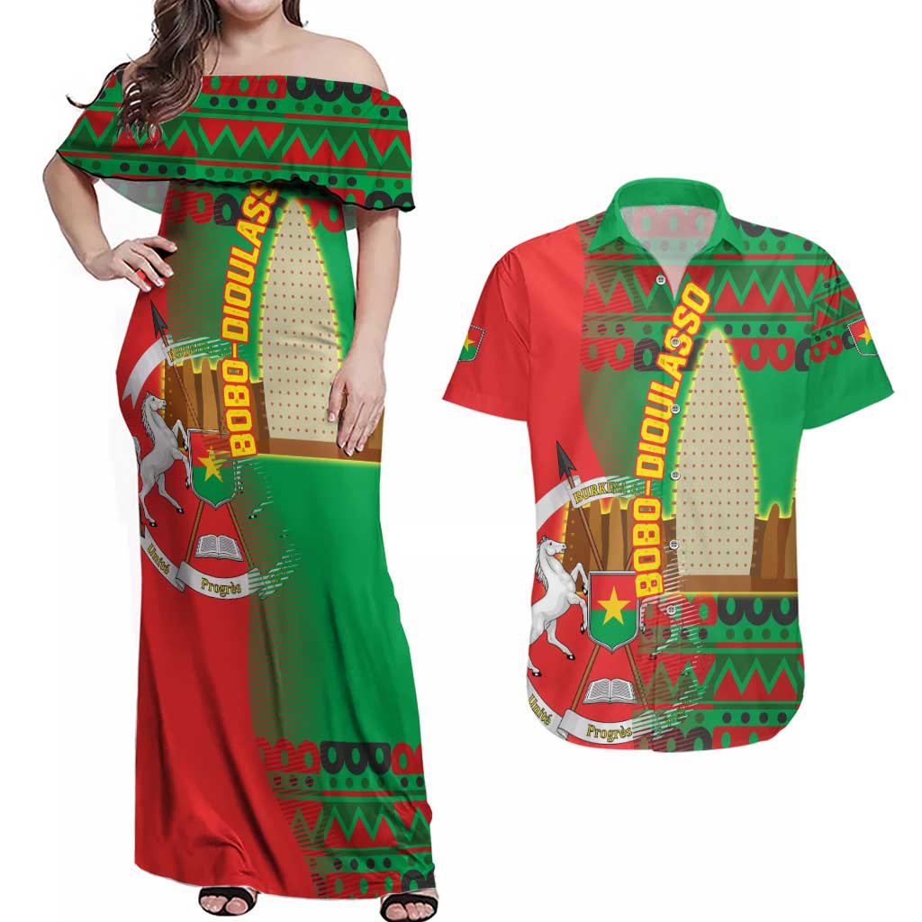 Burkina Faso Couples Matching Off Shoulder Maxi Dress and Hawaiian Shirt with Red Green Tribal Design and Bobo Dioulasso Landmark - Wonder Print Shop