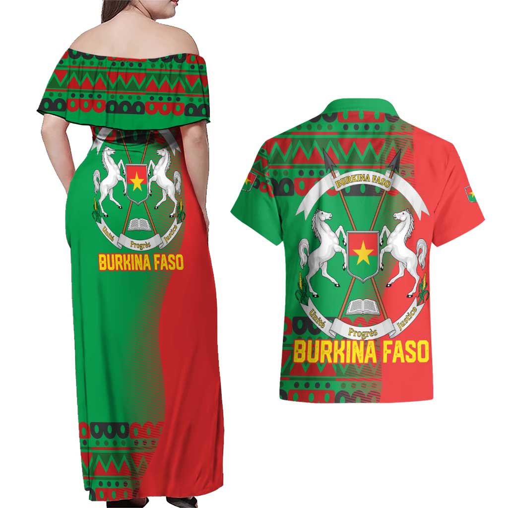 Burkina Faso Couples Matching Off Shoulder Maxi Dress and Hawaiian Shirt with Red Green Tribal Design and Bobo Dioulasso Landmark - Wonder Print Shop