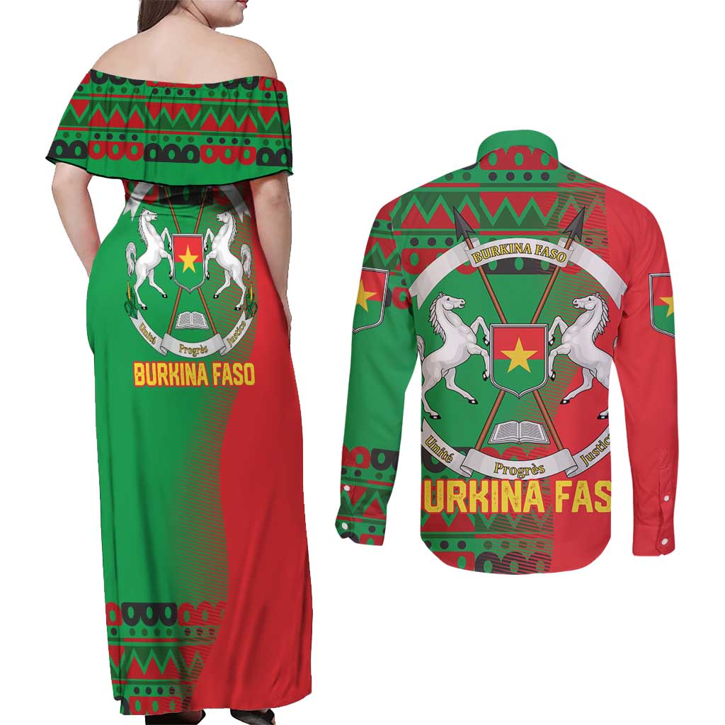 Burkina Faso Couples Matching Off Shoulder Maxi Dress and Long Sleeve Button Shirt with Red Green Tribal Design and Bobo Dioulasso Landmark - Wonder Print Shop