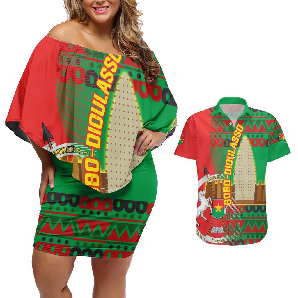 Burkina Faso Couples Matching Off Shoulder Short Dress and Hawaiian Shirt with Red Green Tribal Design and Bobo Dioulasso Landmark - Wonder Print Shop