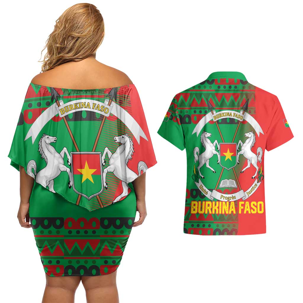 Burkina Faso Couples Matching Off Shoulder Short Dress and Hawaiian Shirt with Red Green Tribal Design and Bobo Dioulasso Landmark - Wonder Print Shop