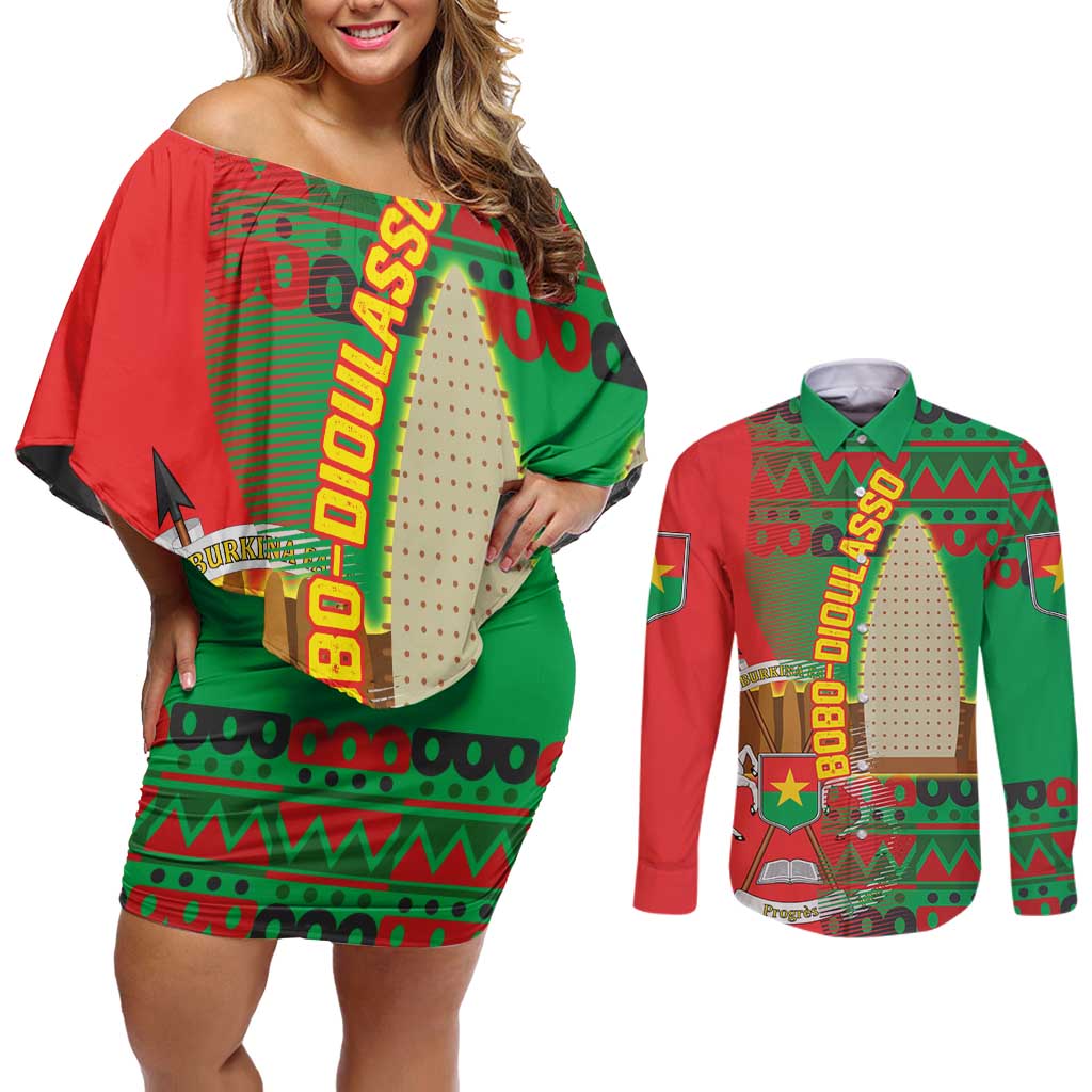 Burkina Faso Couples Matching Off Shoulder Short Dress and Long Sleeve Button Shirt with Red Green Tribal Design and Bobo Dioulasso Landmark - Wonder Print Shop