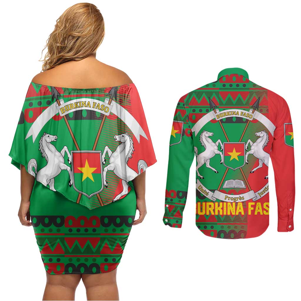 Burkina Faso Couples Matching Off Shoulder Short Dress and Long Sleeve Button Shirt with Red Green Tribal Design and Bobo Dioulasso Landmark - Wonder Print Shop