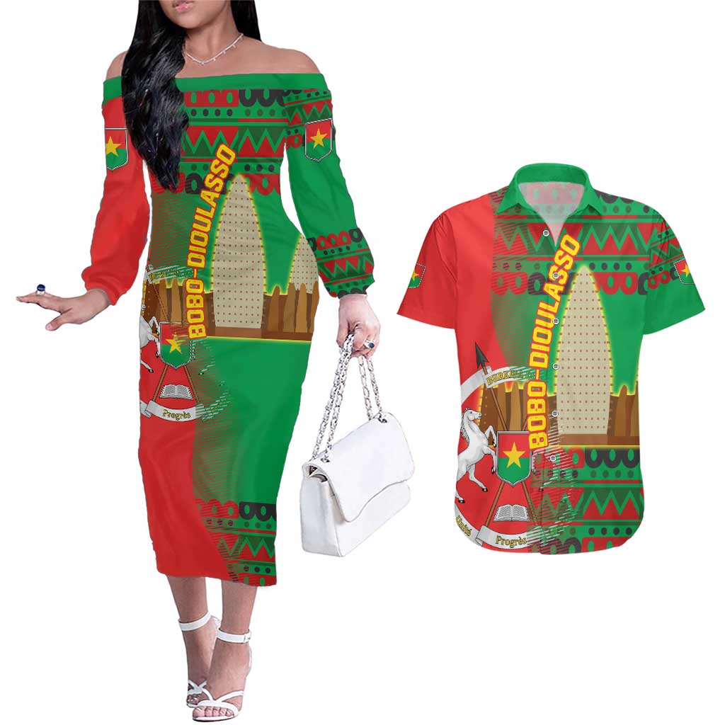 Burkina Faso Couples Matching Off The Shoulder Long Sleeve Dress and Hawaiian Shirt with Red Green Tribal Design and Bobo Dioulasso Landmark - Wonder Print Shop
